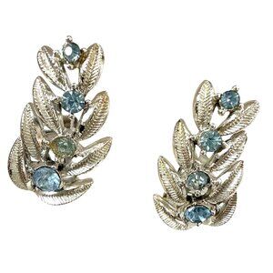 Vintage Icy Blue Signed Coro Leaf Earrings clip on Silver Tone Faux Aquamarines